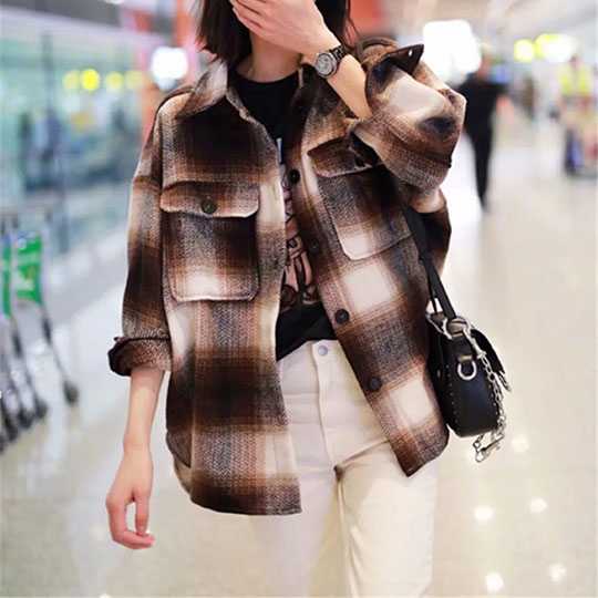 Classic Thick Colorblock Checked Button Down Shirt Jacket Woolen