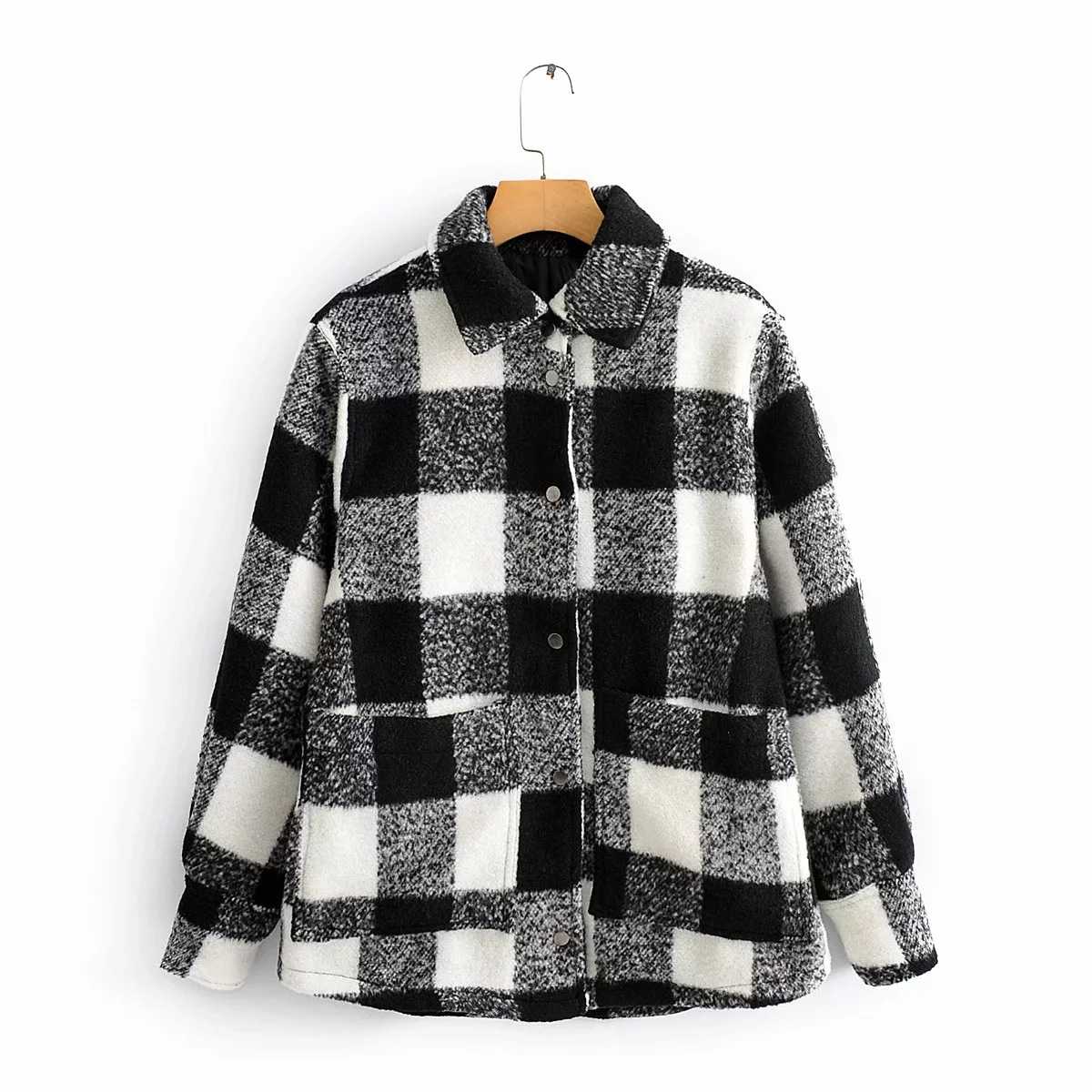 Classic Thick Colorblock Checked Button Down Shirt Jacket Woolen