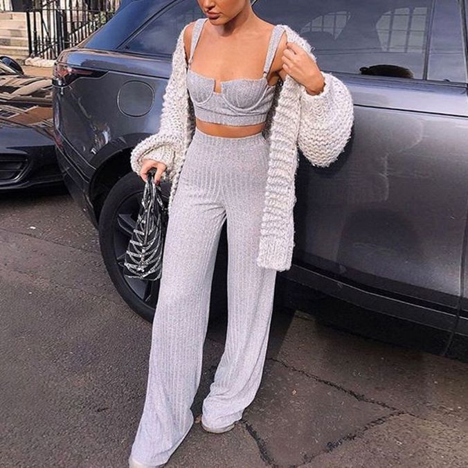 Knitted Two Piece Co ord Set Crop Top and Jogger Pant Outfit