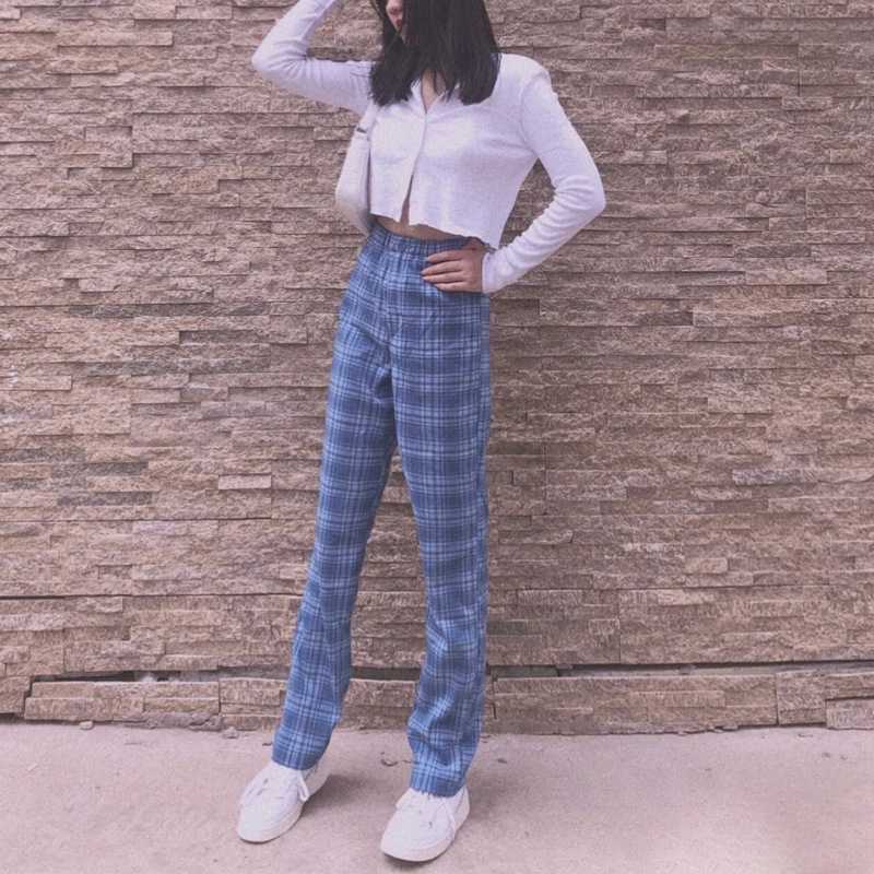 College Retro Gingham Straight Leg Checked Trousers Womens