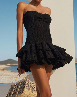 Eyelet Broderie Anglaise Shirred Bandeau Layered Ruffle Short Dress