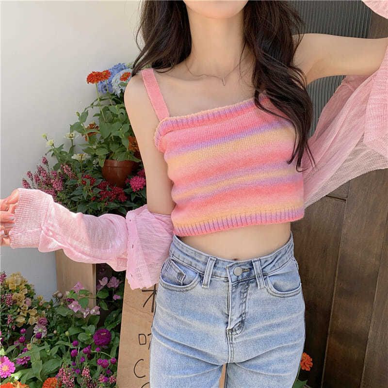 Ombre Knitted Tank Sweater Color Block Stripe Knit Sleeveless Summer Tops