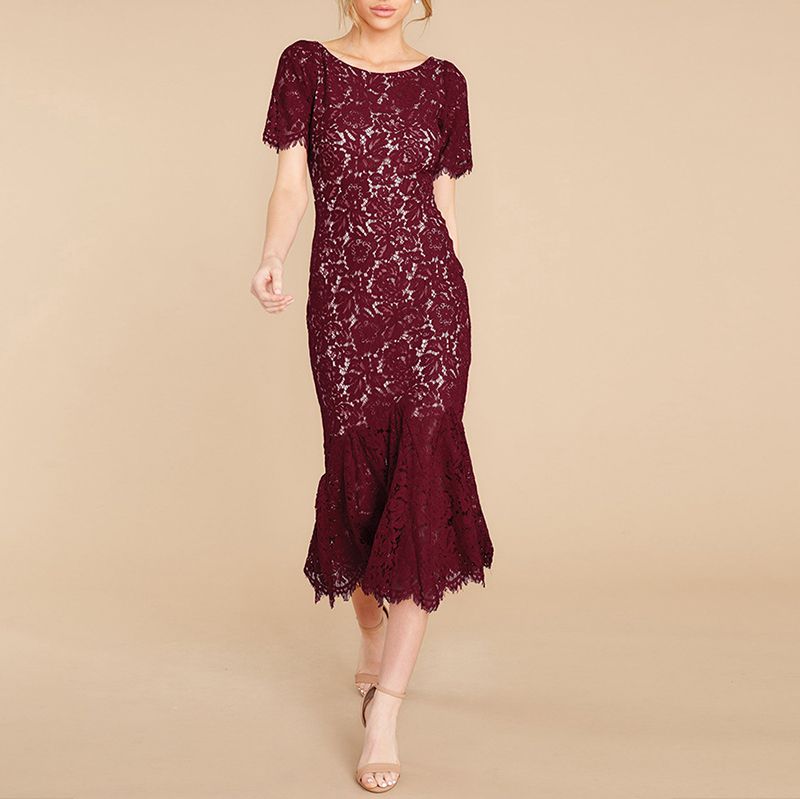 Short Sleeve Lined Floral Lace Flare Trumpet Hem Midi Sheath Dress
