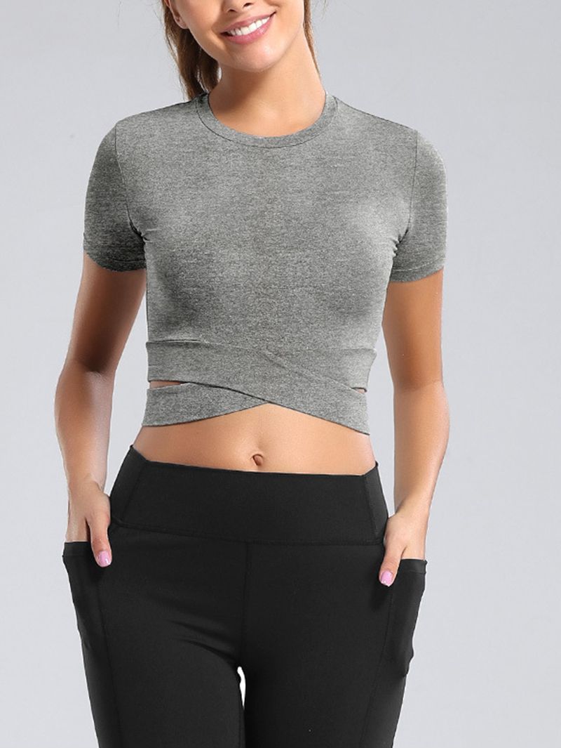 Slim Fit Criss Cross Yoga Short Sleeve Cropped Tee Gym Workout Top