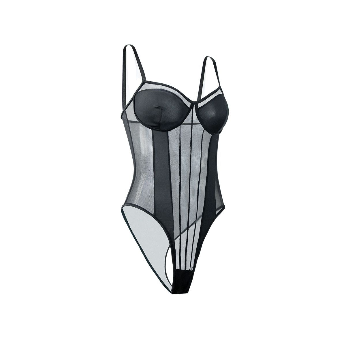 Sexy Striped Seethrough Mesh Lace Underwired Sleeveless Bodysuit