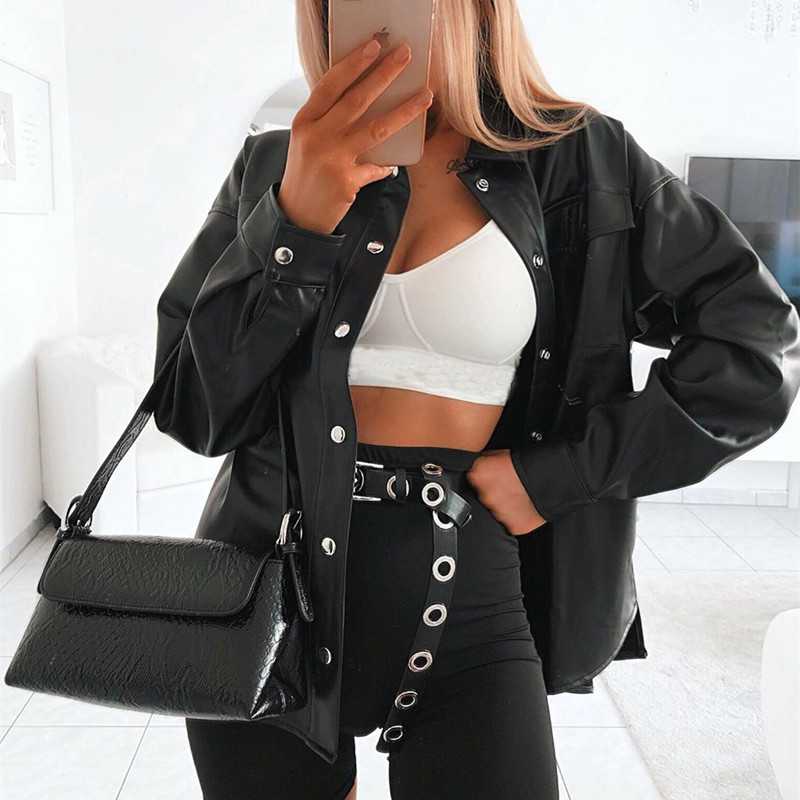 Black Faux Leather Shirt Jacket With Snap Pockets