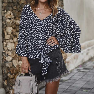 Bell Sleeve Painted Dots Tie Front Button Down Shirt