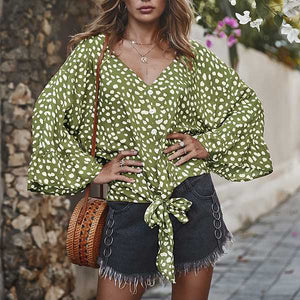 Bell Sleeve Painted Dots Tie Front Button Down Shirt