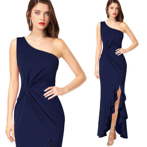 Twist Front One Shoulder Ruffle Maxi Dress With Slit