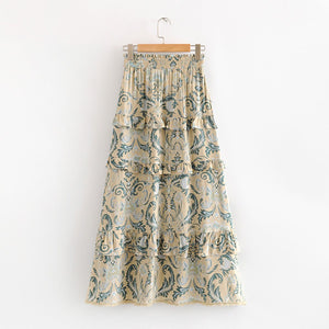 90s Fashion Retro Elastic Waist Paisley Ruffle Midi Skirt