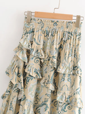90s Fashion Retro Elastic Waist Paisley Ruffle Midi Skirt