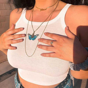 Colorful Butterfly Embroidered Ribbed Cotton Tank Top Crop Top