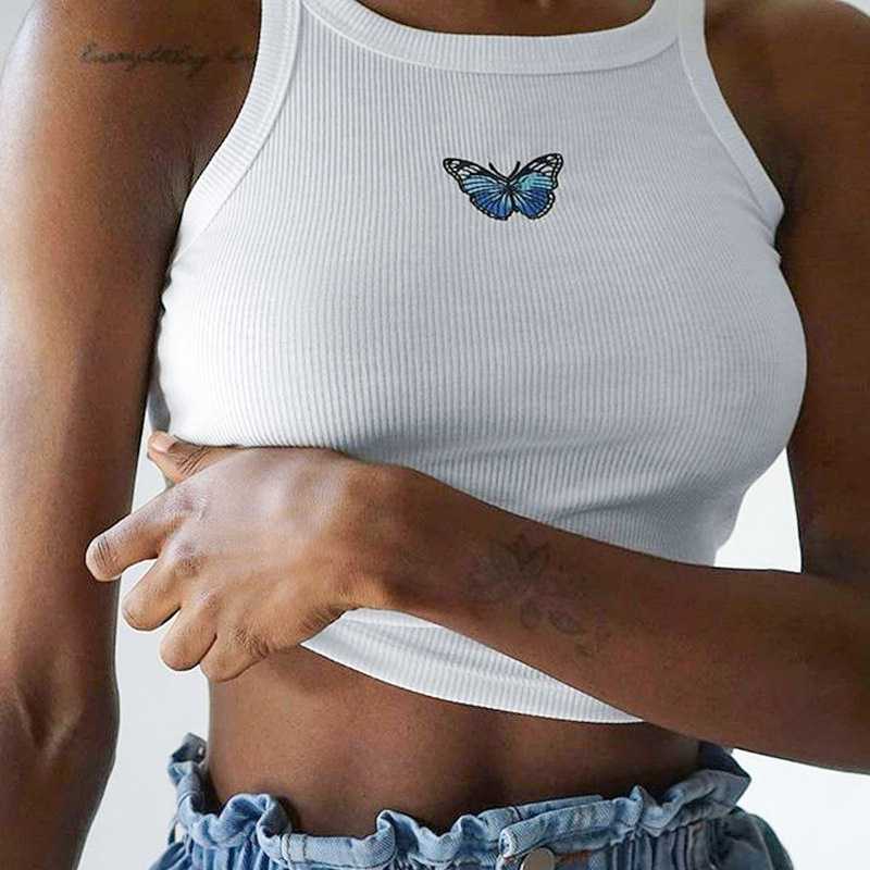 Colorful Butterfly Embroidered Ribbed Cotton Tank Top Crop Top