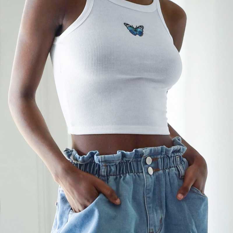 Colorful Butterfly Embroidered Ribbed Cotton Tank Top Crop Top