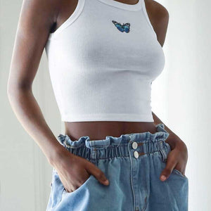 Colorful Butterfly Embroidered Ribbed Cotton Tank Top Crop Top