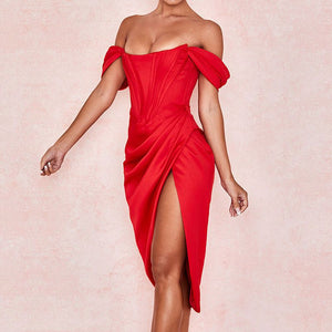 Silky Satin Corset Long Ruched Dress With Slit On The Side