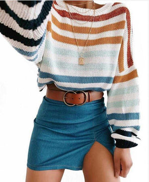 Blocked Colorful Stripes Cropped Turtleneck Sweater Long Sleeve
