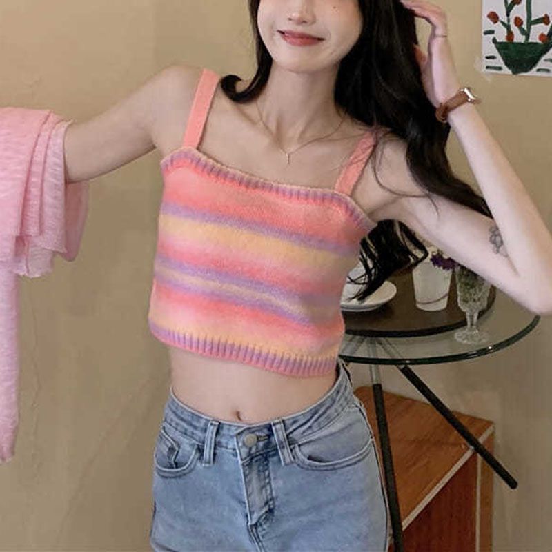 Ombre Knitted Tank Sweater Color Block Stripe Knit Sleeveless Summer Tops