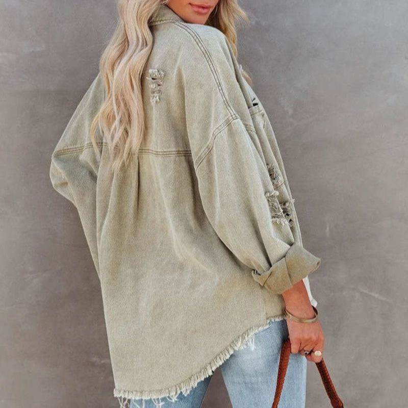 Relaxed Fit Ripped High Low Hemline Cotton Distressed Denim Jacket