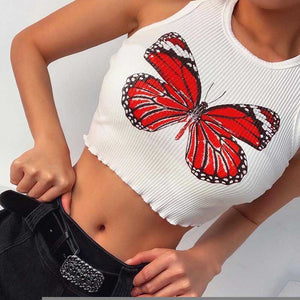 Colorful Butterfly Embroidered Ribbed Cotton Tank Top Crop Top