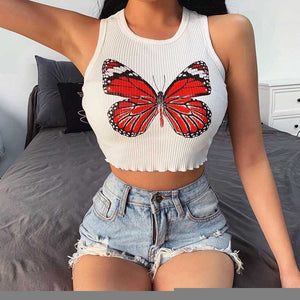Colorful Butterfly Embroidered Ribbed Cotton Tank Top Crop Top