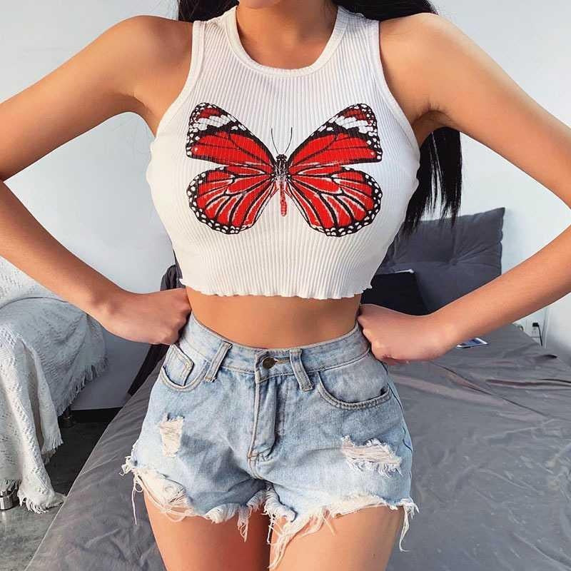 Colorful Butterfly Embroidered Ribbed Cotton Tank Top Crop Top