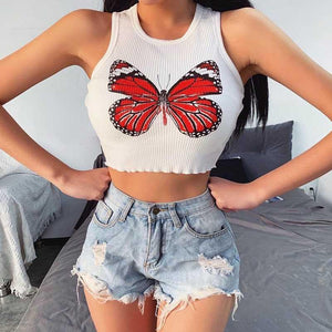 Colorful Butterfly Embroidered Ribbed Cotton Tank Top Crop Top