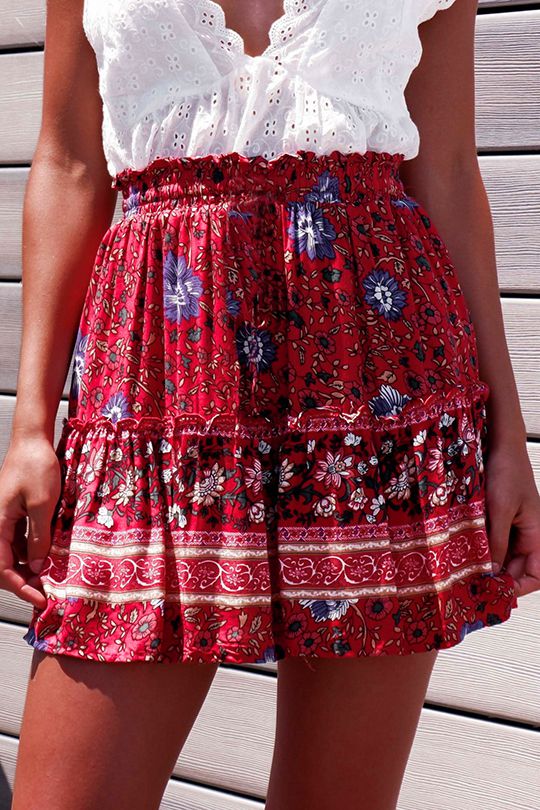 Aesthetic Hibiscus Paisley Elastic Band Boho Floral Tie Front High Waist Layered Ruffle Floral Skirt