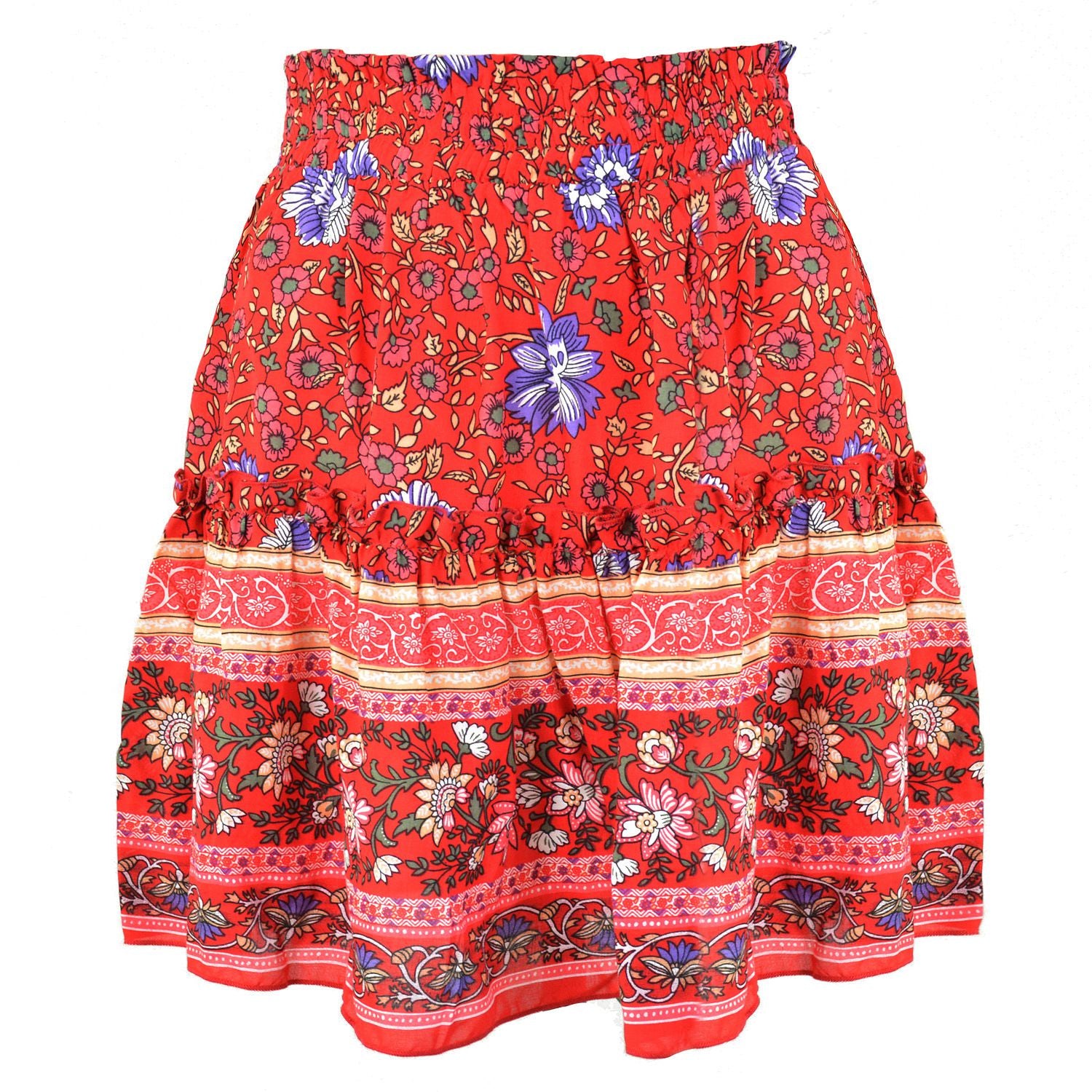 Aesthetic Hibiscus Paisley Elastic Band Boho Floral Tie Front High Waist Layered Ruffle Floral Skirt