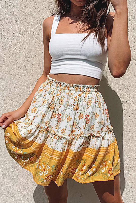 Aesthetic Hibiscus Paisley Elastic Band Boho Floral Tie Front High Waist Layered Ruffle Floral Skirt