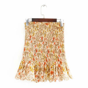 Retro Paisley Mixed Floral Smocked Ruffle Hem Mini Skirt In Multi Floral