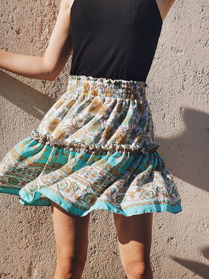 Aesthetic Hibiscus Paisley Elastic Band Boho Floral Tie Front High Waist Layered Ruffle Floral Skirt