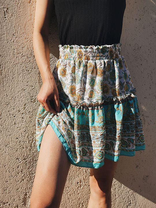 Aesthetic Hibiscus Paisley Elastic Band Boho Floral Tie Front High Waist Layered Ruffle Floral Skirt