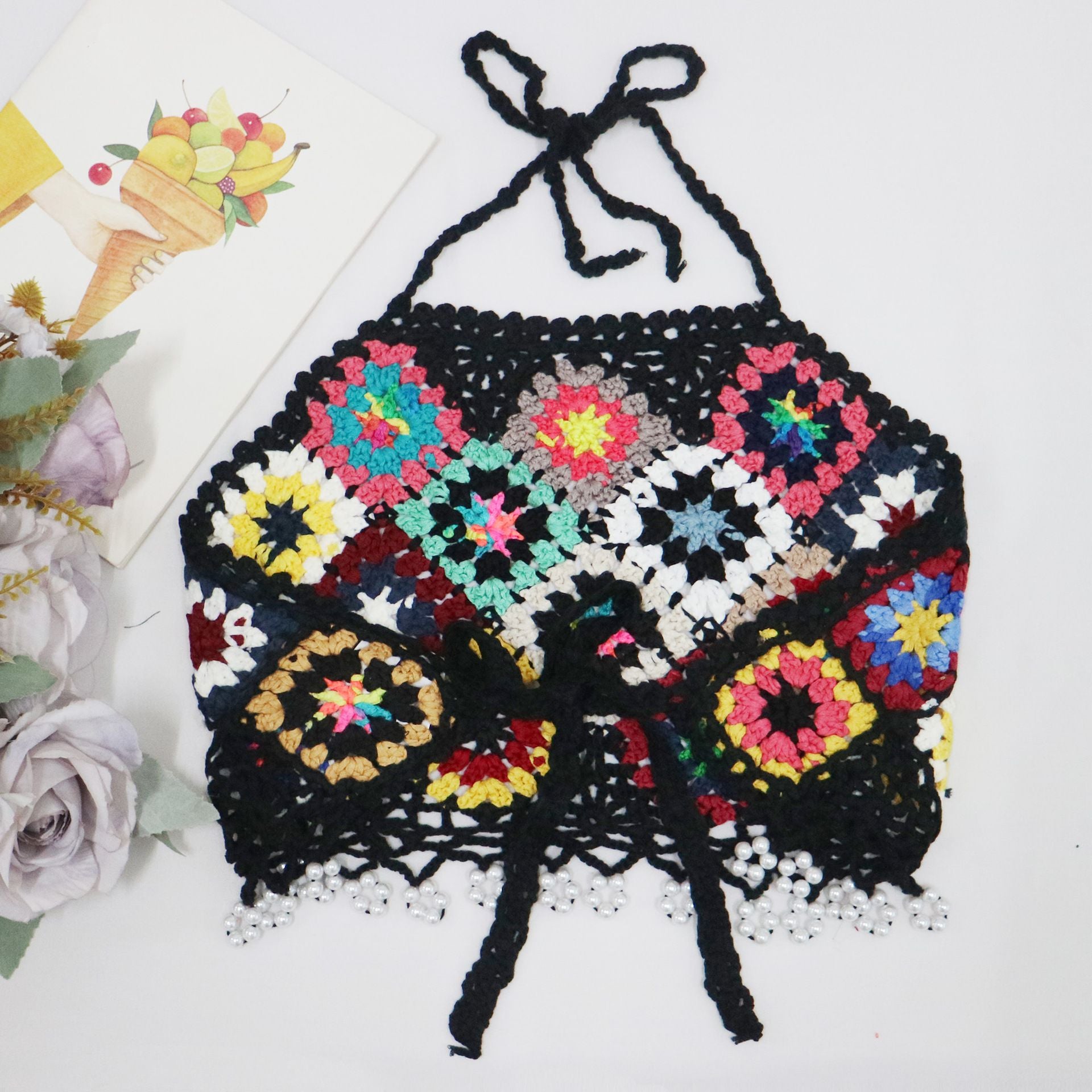HandCrafted Bohemian Rhombus Crochet Granny Knit Halter High Neck Tank Crop Top Bikini