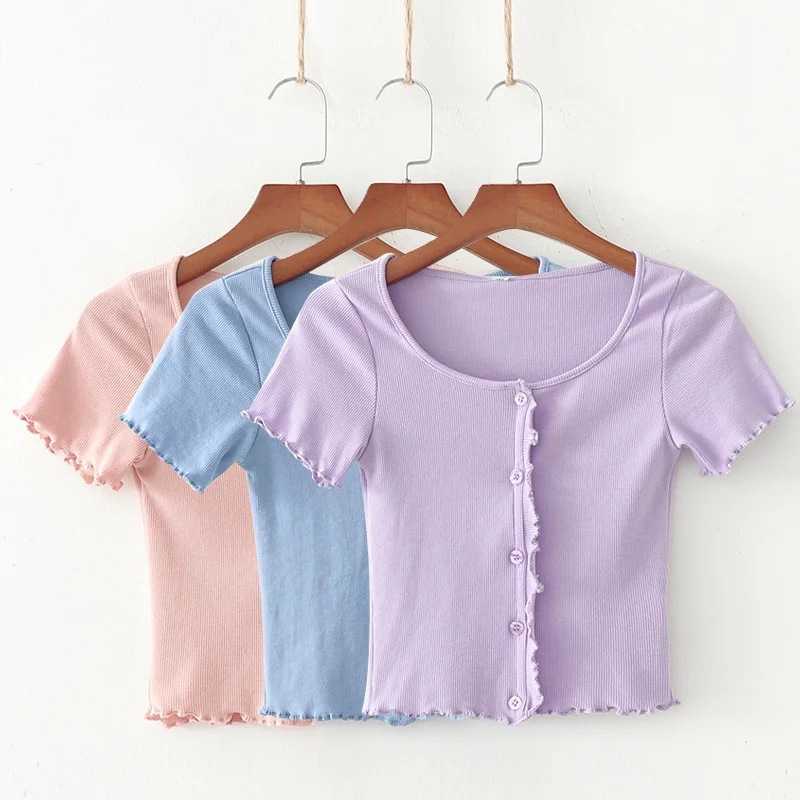 Classic Ribbed Scalloped Ruffle Sleeve Button Down Summer Ts Top