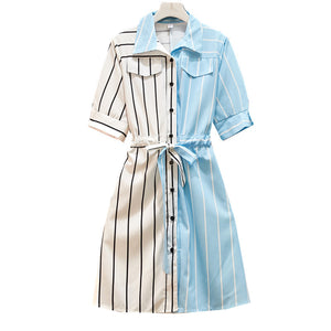 Two Piece Slimming Stripe Color Block Midi Shirt Dress