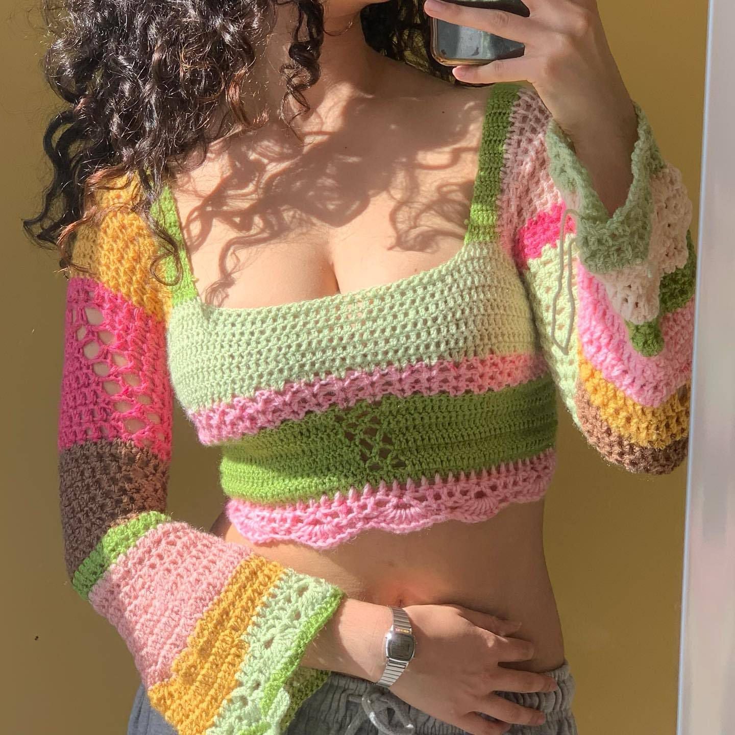 Rainbow Color Block Crochet Knitted Crop Long Sleeve Hollow Out Knit Blouse