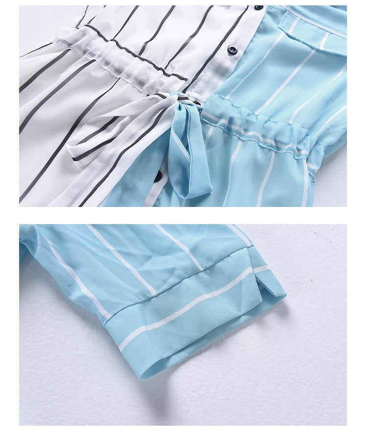 Two Piece Slimming Stripe Color Block Midi Shirt Dress