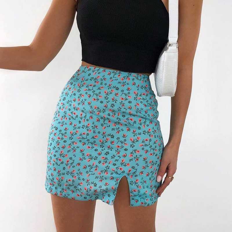 Slimming High Waisted Short Floral Skirt With Slit