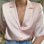 Lapel Collar Womens Short Sleeve Button Up Satin Shirts