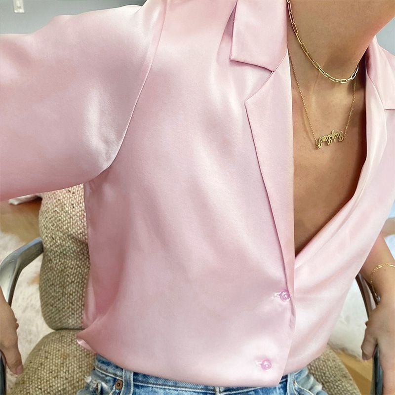 Lapel Collar Womens Short Sleeve Button Up Satin Shirts
