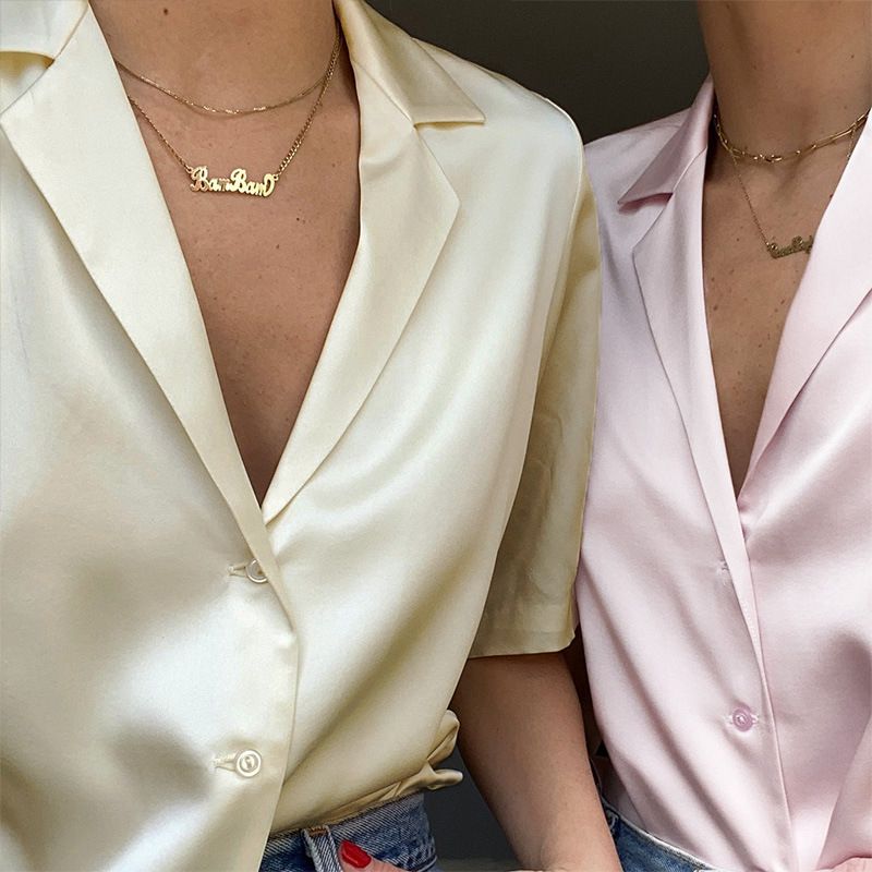 Lapel Collar Womens Short Sleeve Button Up Satin Shirts