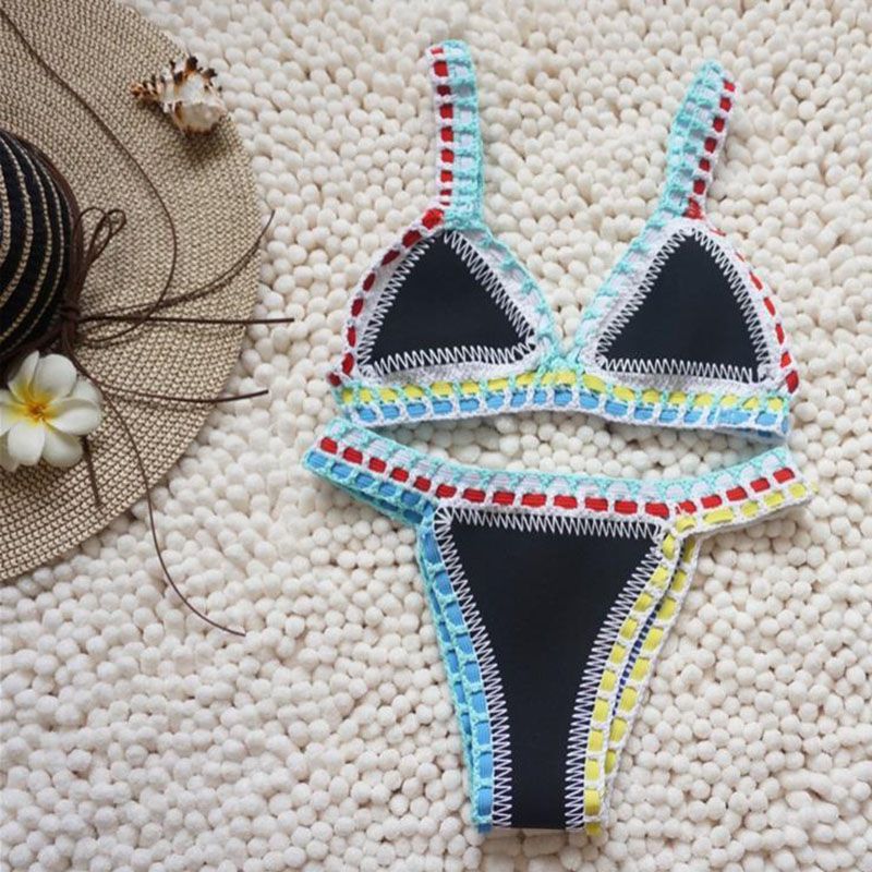 Pastel Rainbow Bohemian Trim Crochet Bathing Suit Swimsuit Sets