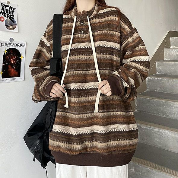 Retro 90s Color Block Tribal Stripe Slouchy Baggy Long Sleeve Sweater