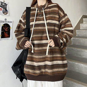 Retro 90s Color Block Tribal Stripe Slouchy Baggy Long Sleeve Sweater