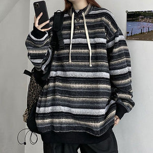 Retro 90s Color Block Tribal Stripe Slouchy Baggy Long Sleeve Sweater