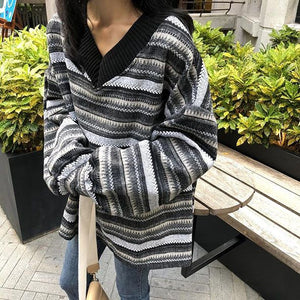 Retro 90s Color Block Tribal Stripe Slouchy Baggy Long Sleeve Sweater