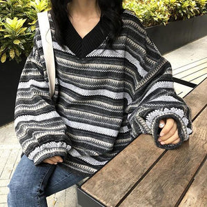 Retro 90s Color Block Tribal Stripe Slouchy Baggy Long Sleeve Sweater