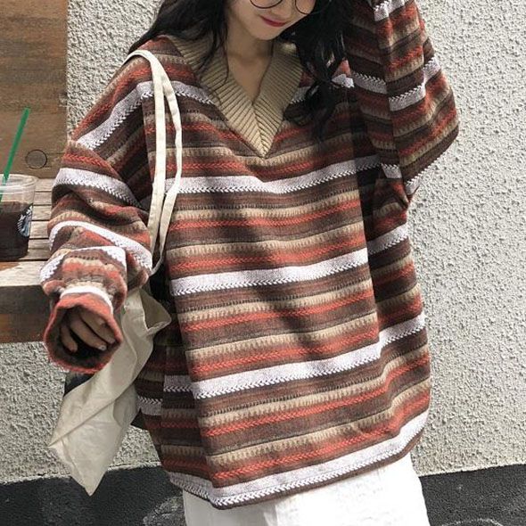 Retro 90s Color Block Tribal Stripe Slouchy Baggy Long Sleeve Sweater