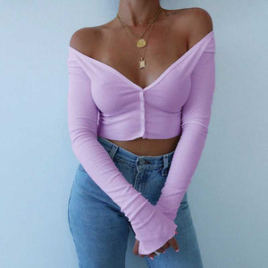 Casual Ribbed Off The Soulder Cropped Button Up Knit Tops For Ladies
